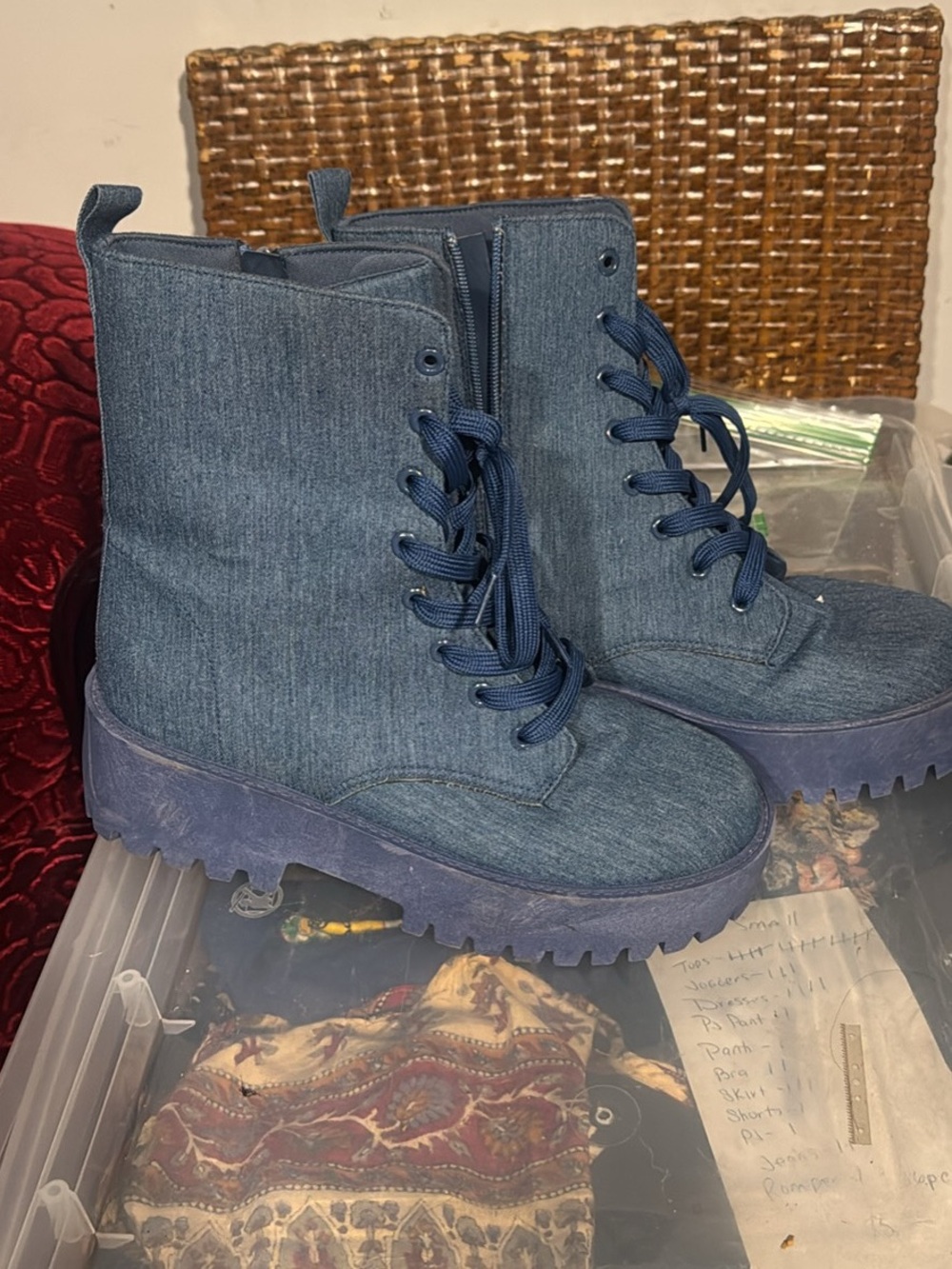 JustFab Women's Denim-Look Lace-Up Combat Boots - Blue